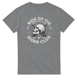 Grey heather men's cotton-blend T-shirt with skull and crossed tools motorcycle club graphic, Ride or Die Rider Club.