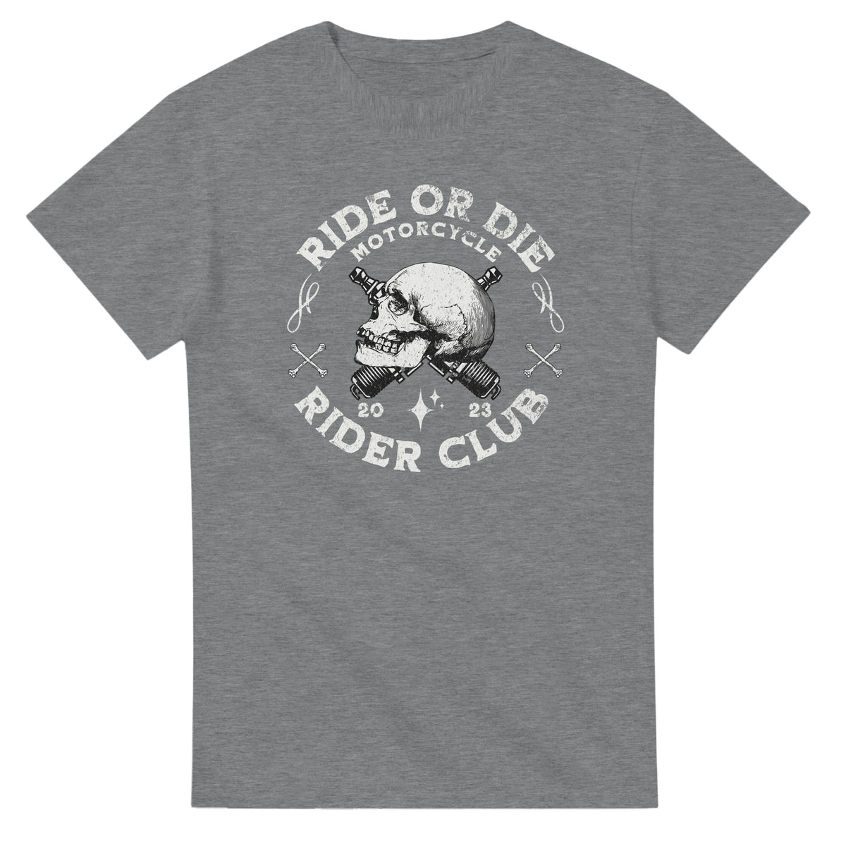 Grey heather men's cotton-blend T-shirt with skull and crossed tools motorcycle club graphic, Ride or Die Rider Club.