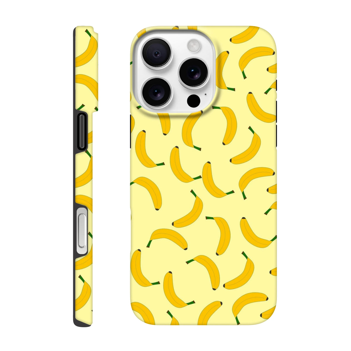 Yellow banana pattern tough iPhone case with playful fruit design and wraparound protection for daily carry.