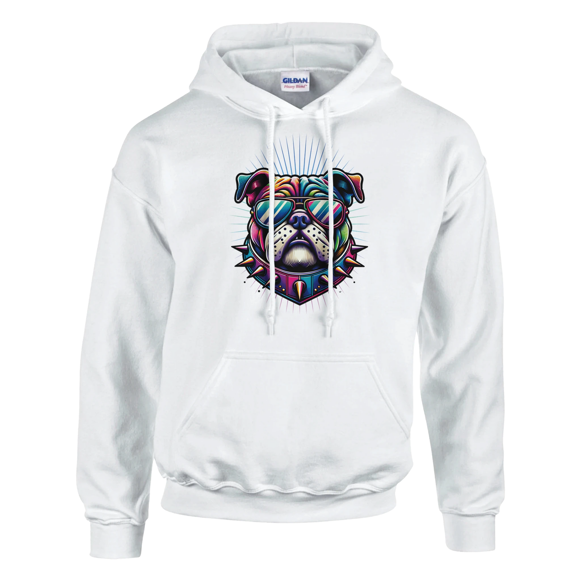 British Bulldog Jumper men's graphic hoodie in white cotton blend with a colorful bulldog wearing sunglasses and spikes.