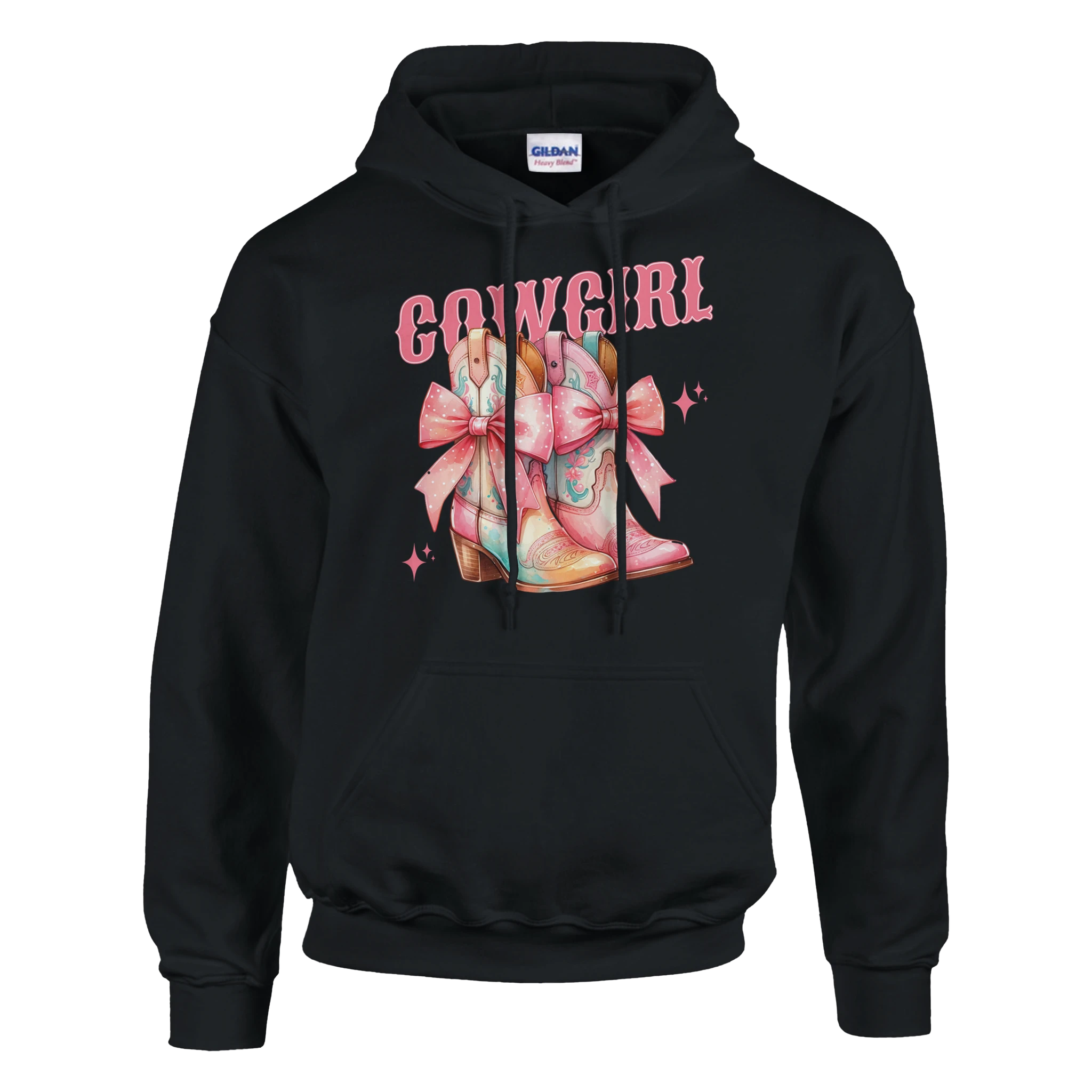 Black hoodie featuring pastel cowgirl boots with pink bows, pink COWGIRL text, and star accents.