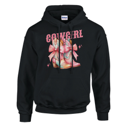 Black hoodie featuring pastel cowgirl boots with pink bows, pink COWGIRL text, and star accents.