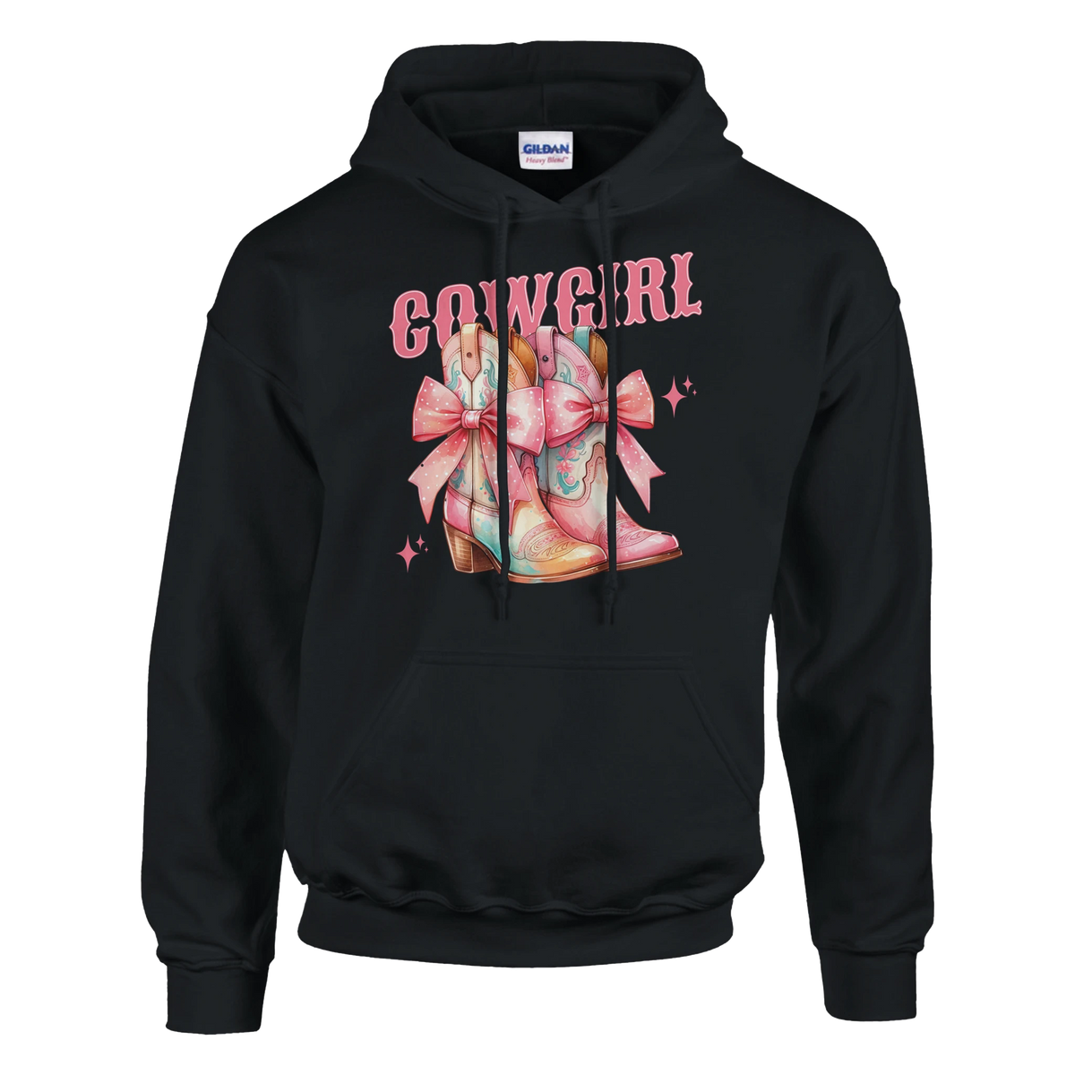 Black hoodie featuring pastel cowgirl boots with pink bows, pink COWGIRL text, and star accents.
