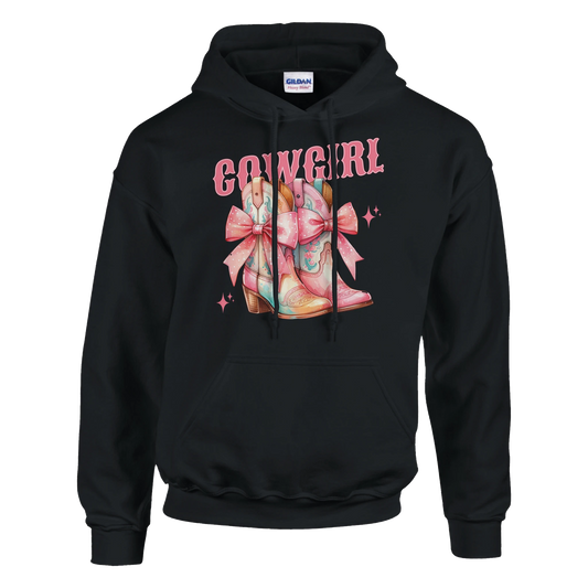 Black hoodie featuring pastel cowgirl boots with pink bows, pink COWGIRL text, and star accents.