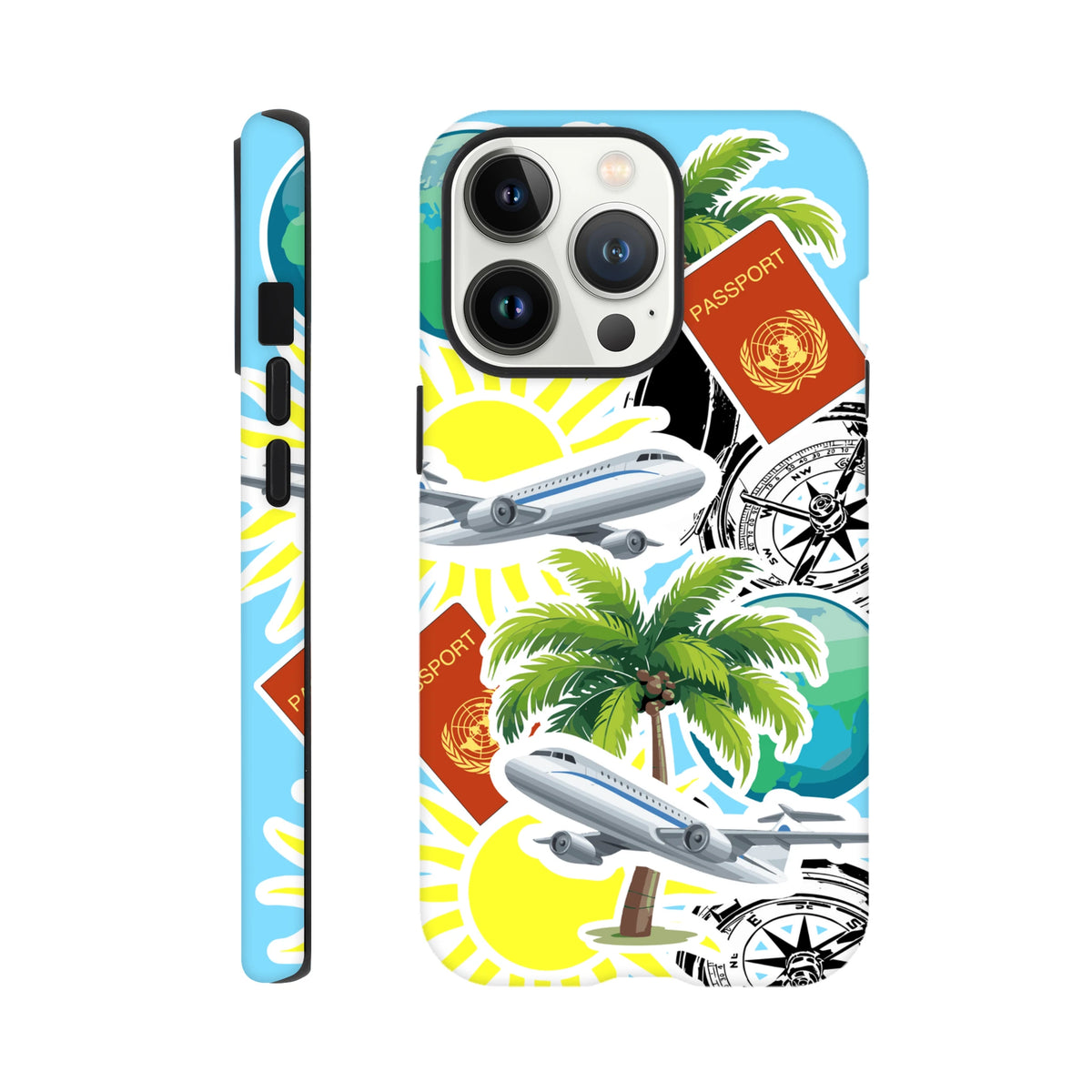 Travel iPhone case featuring passport, palm tree, airplane, and compass sticker collage design with shock-absorbing protection.