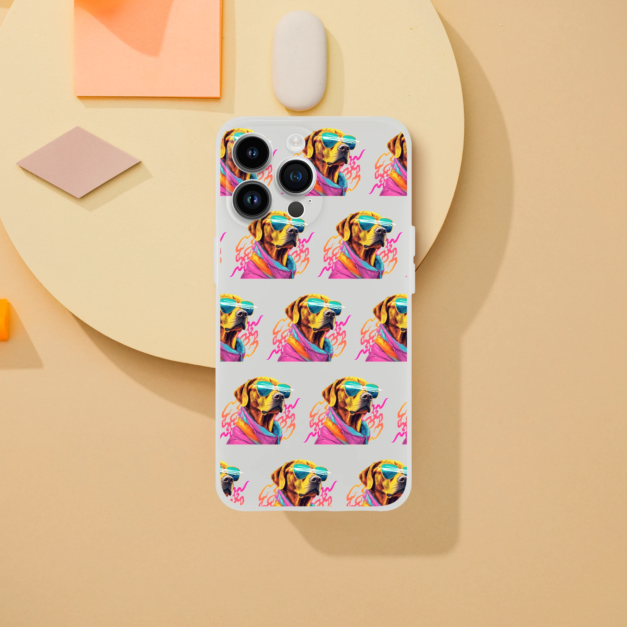 Clear protective phone case with a repeating colorful dog wearing sunglasses design for iPhone 13-16.