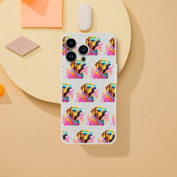 Clear protective phone case with a repeating colorful dog wearing sunglasses design for iPhone 13-16.
