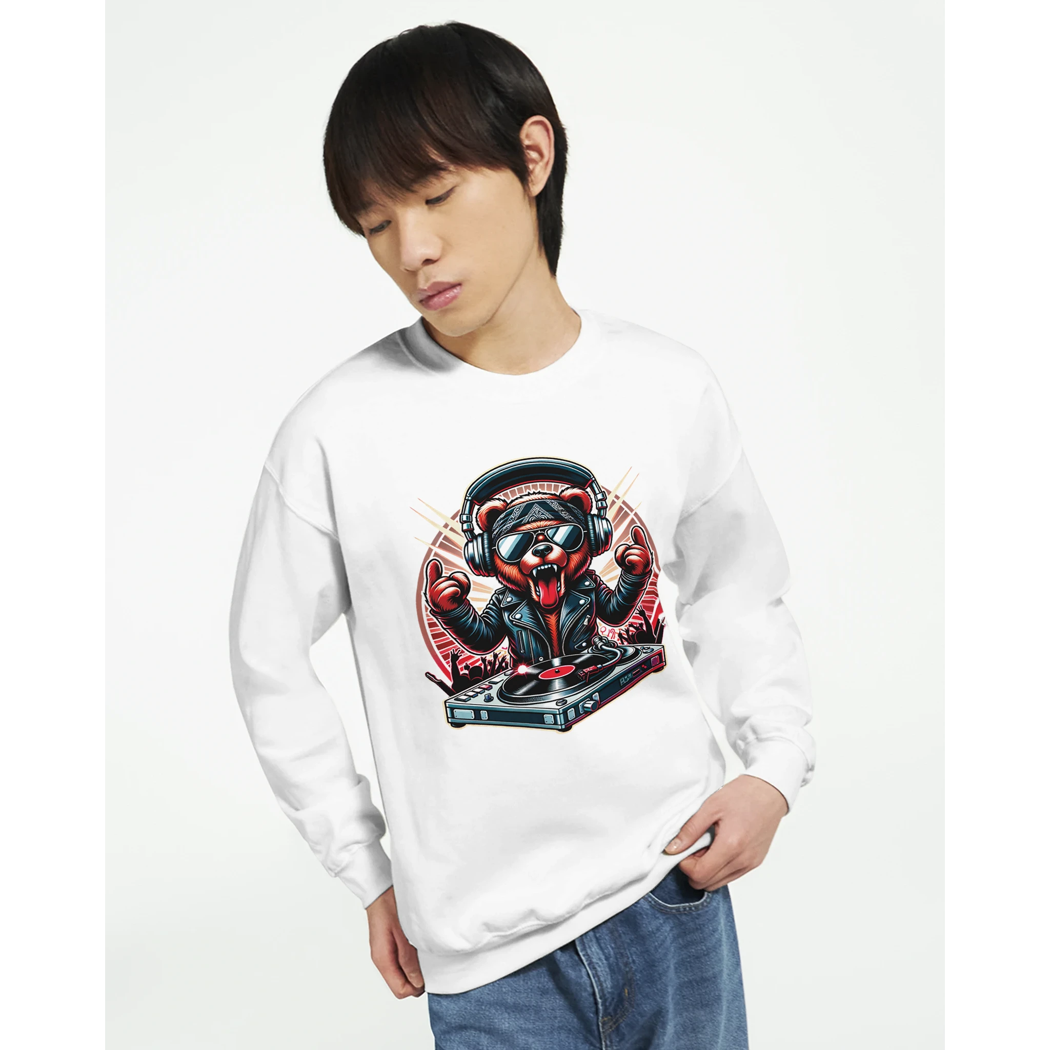 White cotton-blend Teddy Bear men's graphic sweatshirt featuring a DJ bear with headphones at a turntable.