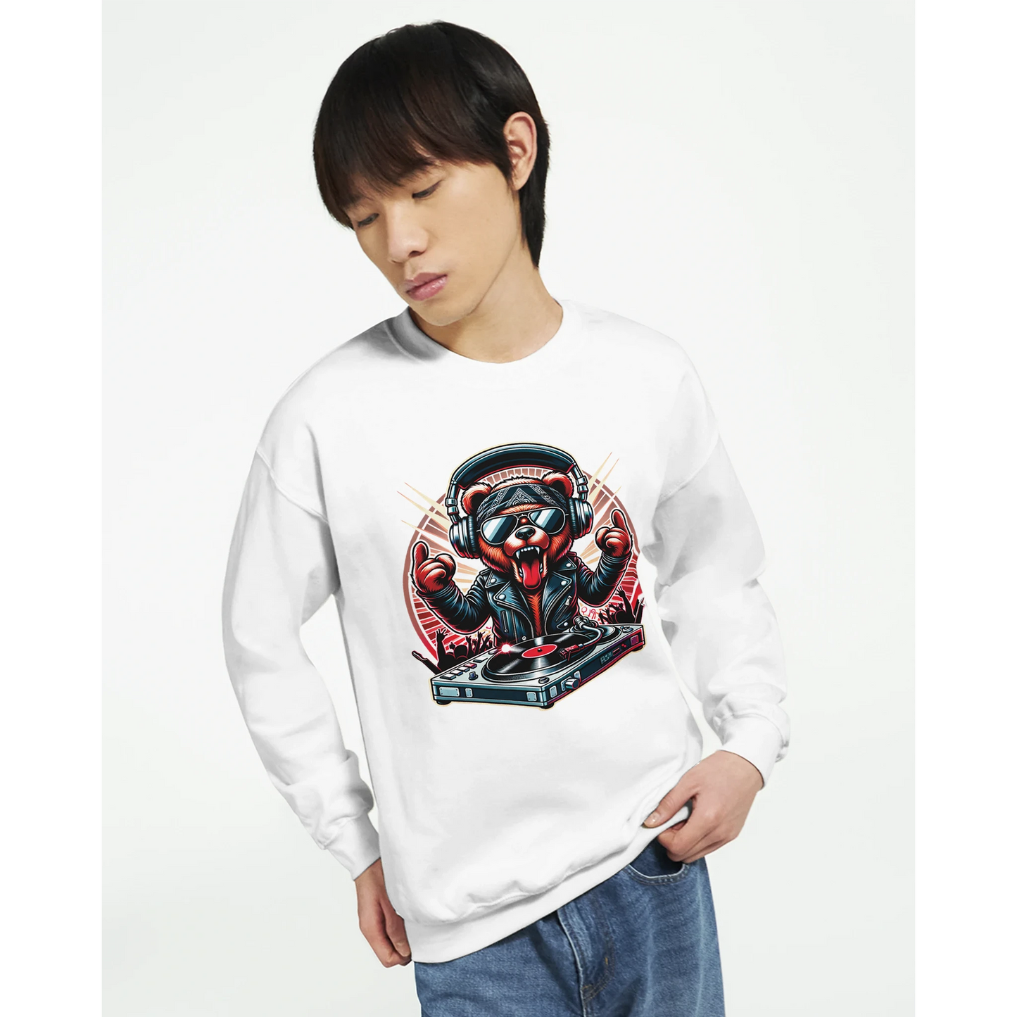 Person wearing a white men's graphic sweatshirt with a graphic design on a white background. Slant