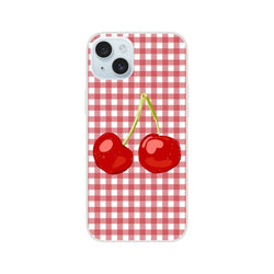 Cute Cherry Gingham iPhone Case (13-16) featuring red gingham pattern with cherries, Coquette aesthetic.