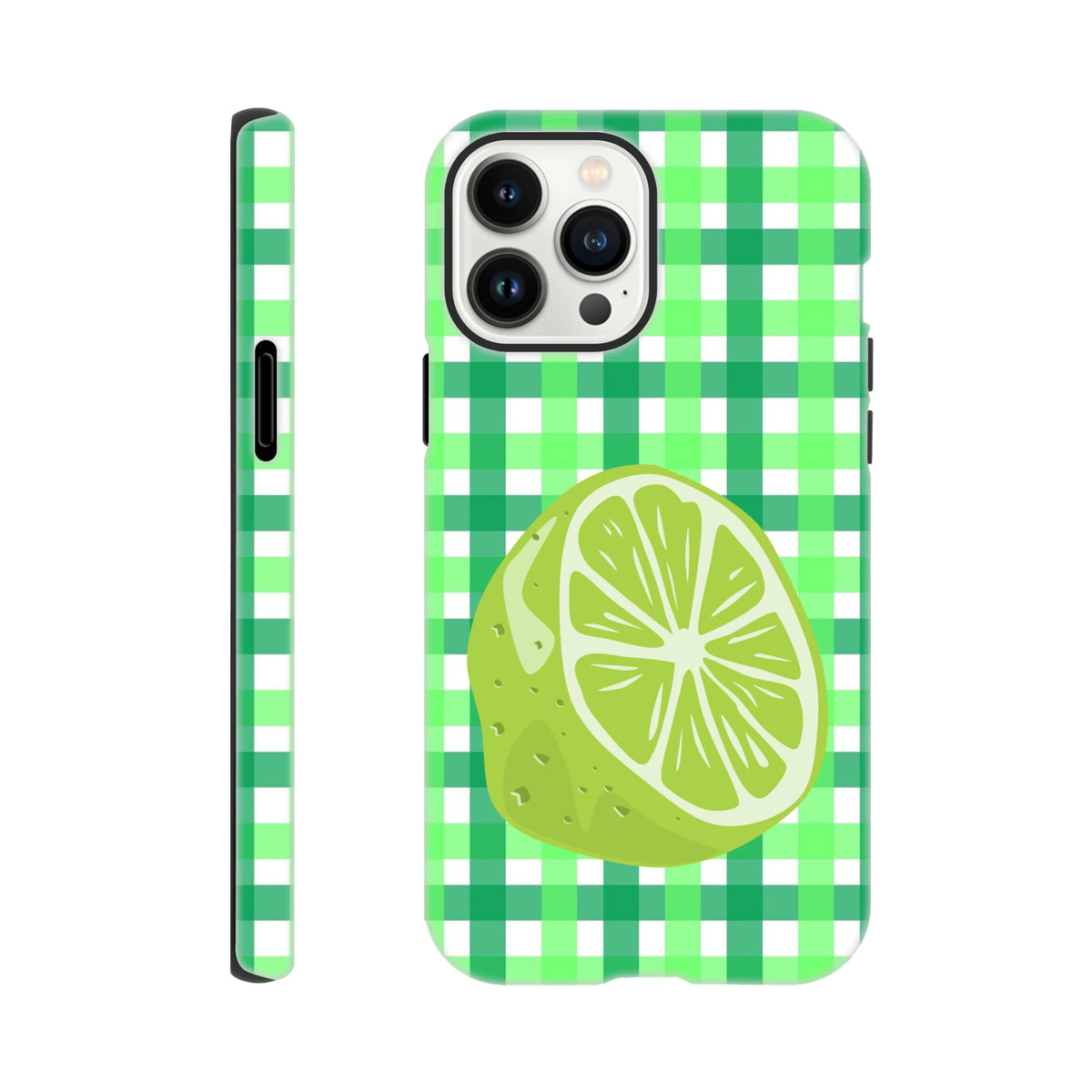 Lime green gingham iPhone case featuring a large citrus slice graphic and shock-absorbing protection for daily use.