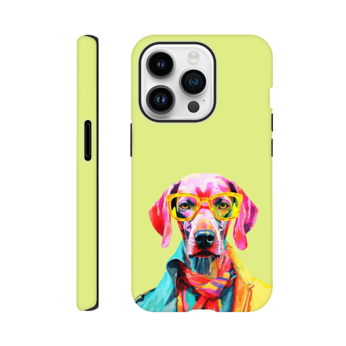 Vibrant pop art dog phone case featuring a colorful hound in yellow glasses and jacket on a lime green tough iPhone cover.