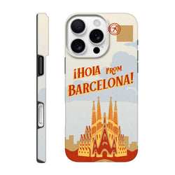 Barcelona Travel Postcard Tough iPhone Case for iPhone 13–16 with wraparound postcard print of Barcelona landmarks.