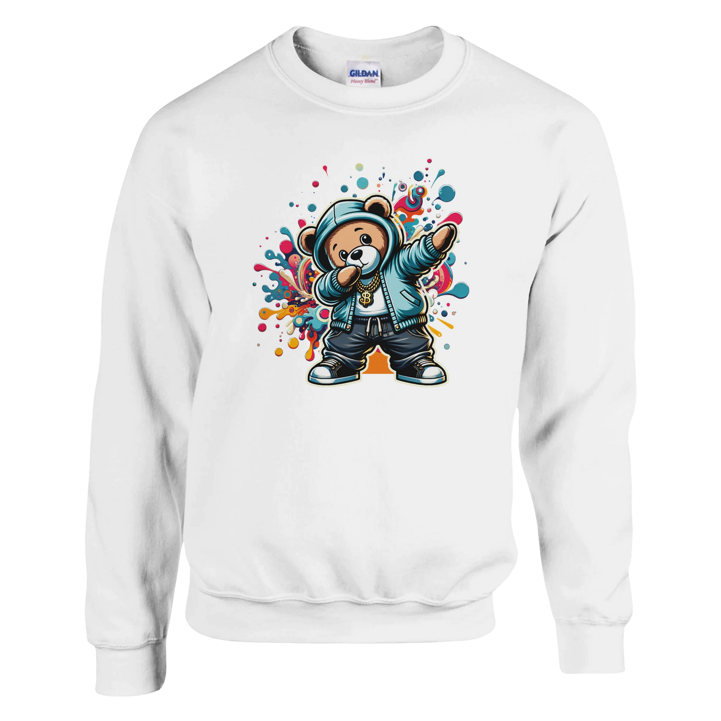 White men's graphic sweatshirt with a colorful bear graphic on a white background