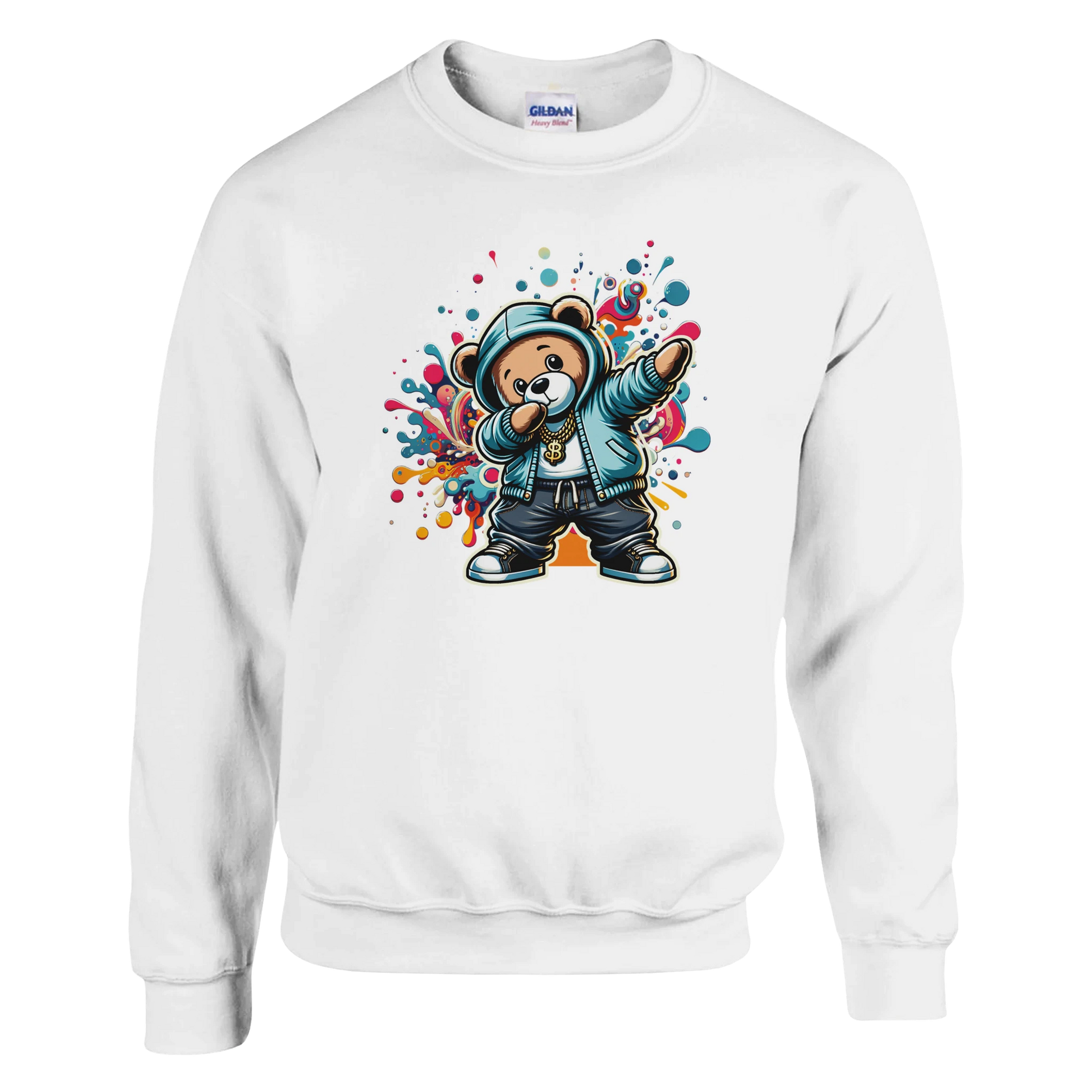 White men's graphic sweatshirt with a colorful bear graphic on a white background