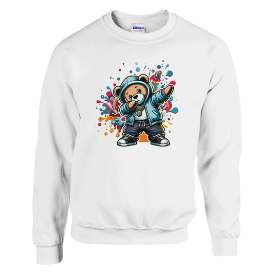 White men's graphic sweatshirt with a colorful bear graphic on a white background
