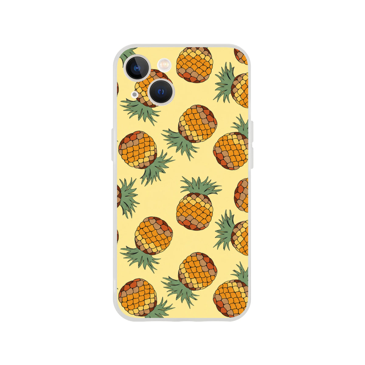 Pineapple-pattern iPhone case (13-16) with yellow background and vibrant tropical print.