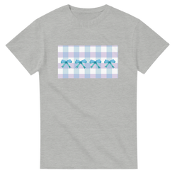 Cute Blue Bow Gingham T-Shirt for Women, gray tee with pastel gift-box graphic and blue ribbons.