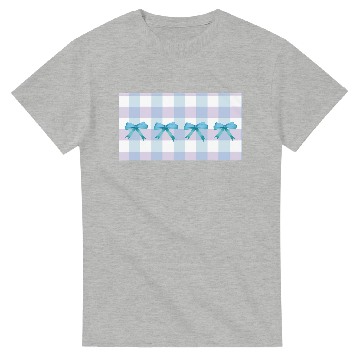 Cute Blue Bow Gingham T-Shirt for Women, gray tee with pastel gift-box graphic and blue ribbons.