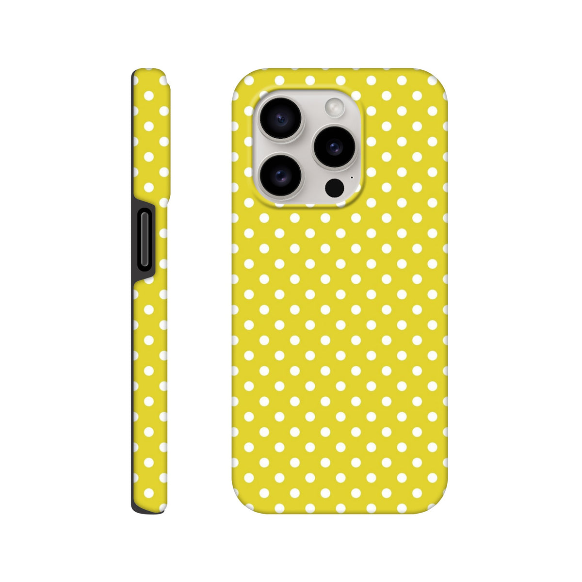 Yellow and white polka dot tough iPhone case showing back and side profile with precise camera cutout for models 13-16.