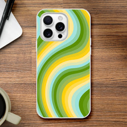 Retro green and yellow wave iPhone case with groovy Y2K swirl for iPhone 13–16, slim protective shell.