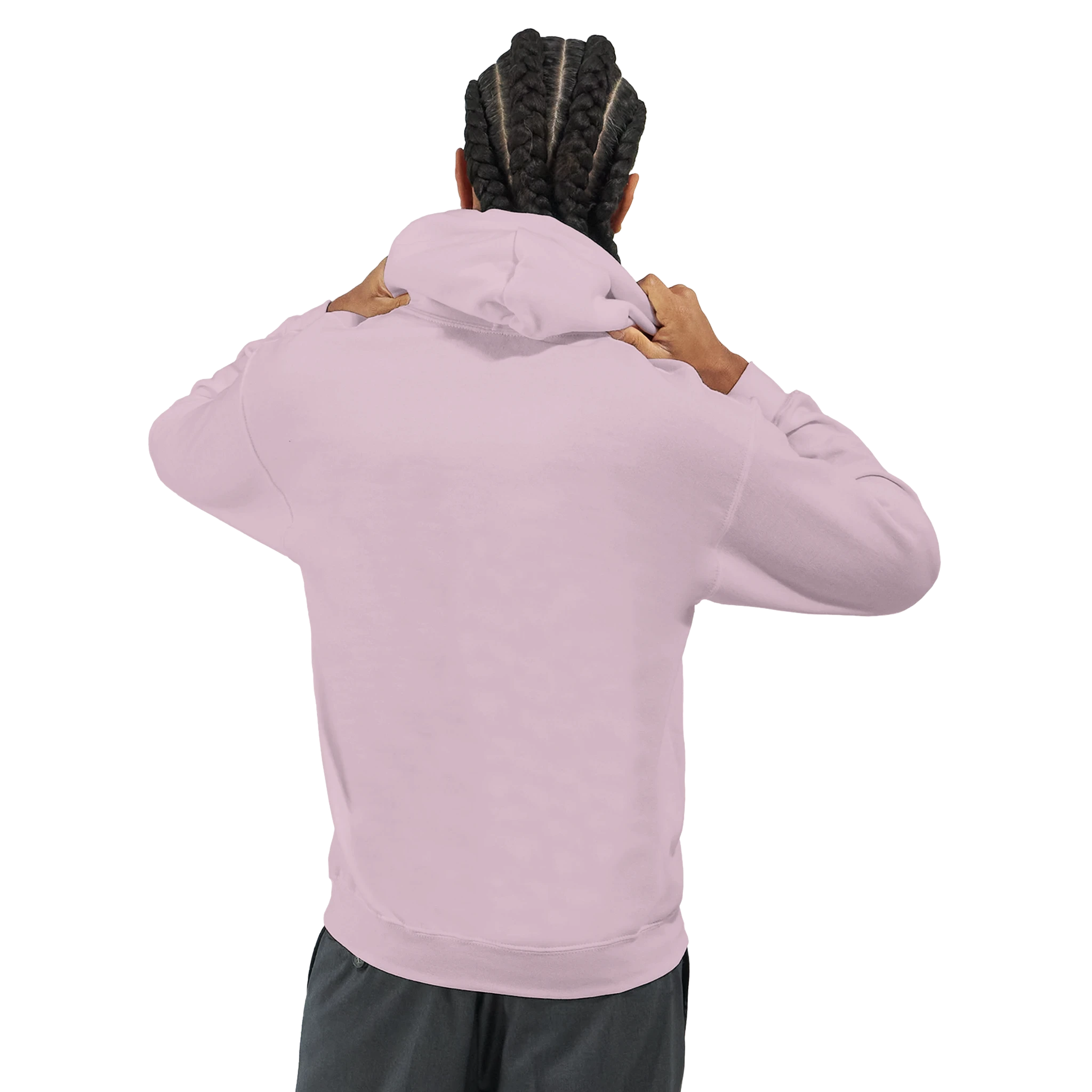 Back view of a person wearing a soft pink cotton-poly hoodie with a hood and ribbed hem.
