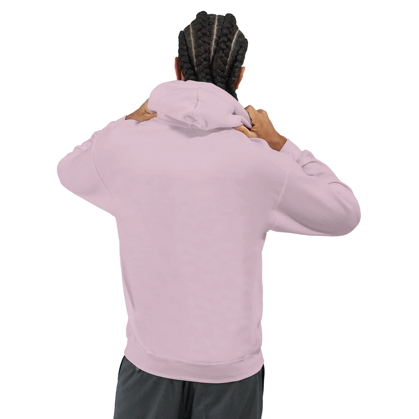 Back view of a person wearing a soft pink cotton-poly hoodie with a hood and ribbed hem.
