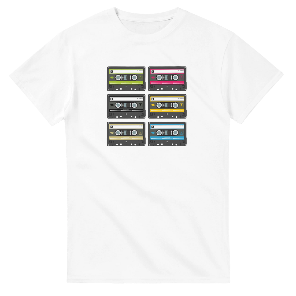 White t-shirt featuring six colorful retro cassette tapes in a grid. 80s music aesthetic streetwear top for women.