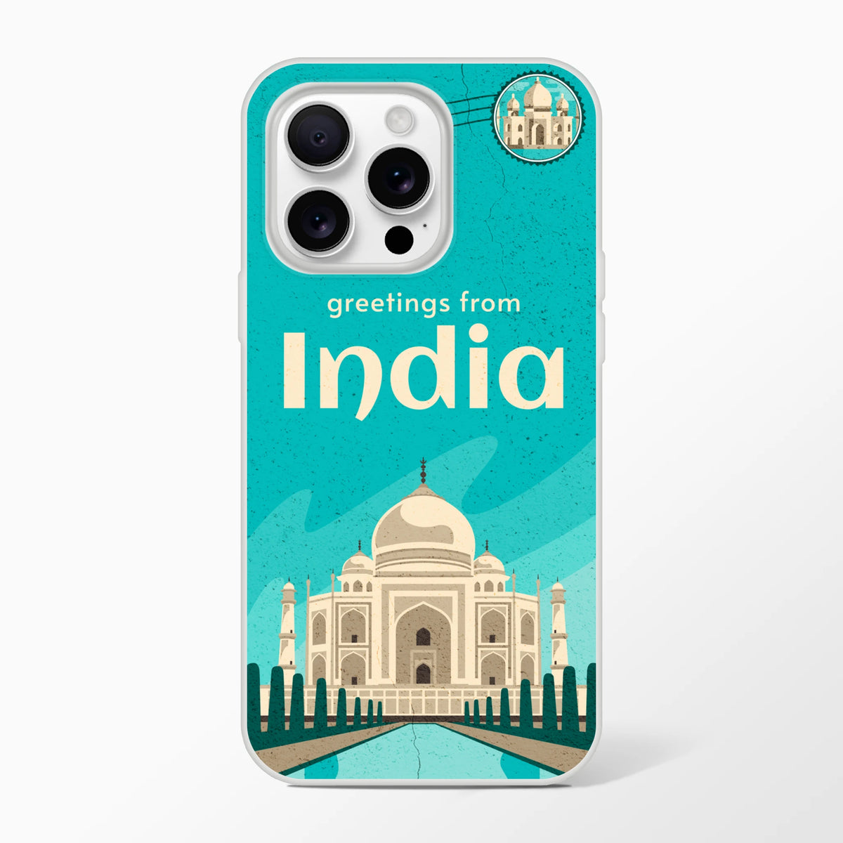 Vintage postcard-style iPhone case for iPhone 13-16, India holiday design with Taj Mahal on turquoise background.
