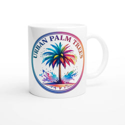Urban Palm Trees Mug - Y2K Aesthetic ceramic coffee cup with a colorful palm tree in a circular badge.