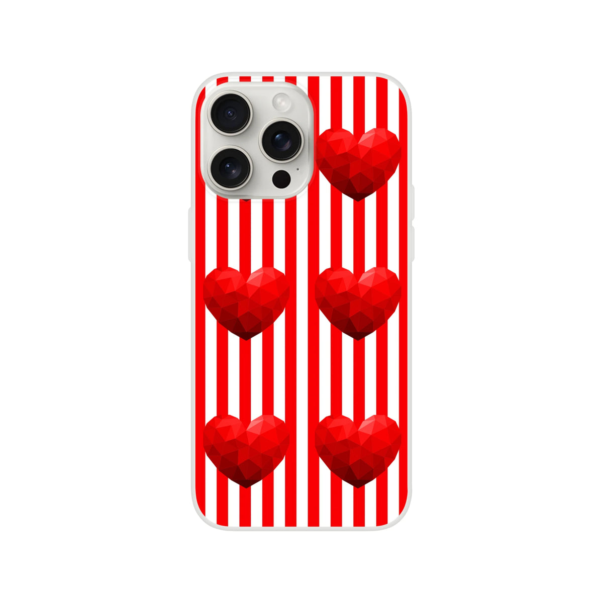 Red Stripe Heart iPhone Case (13-16) with vertical red stripes and geometric hearts for a cute romantic look
