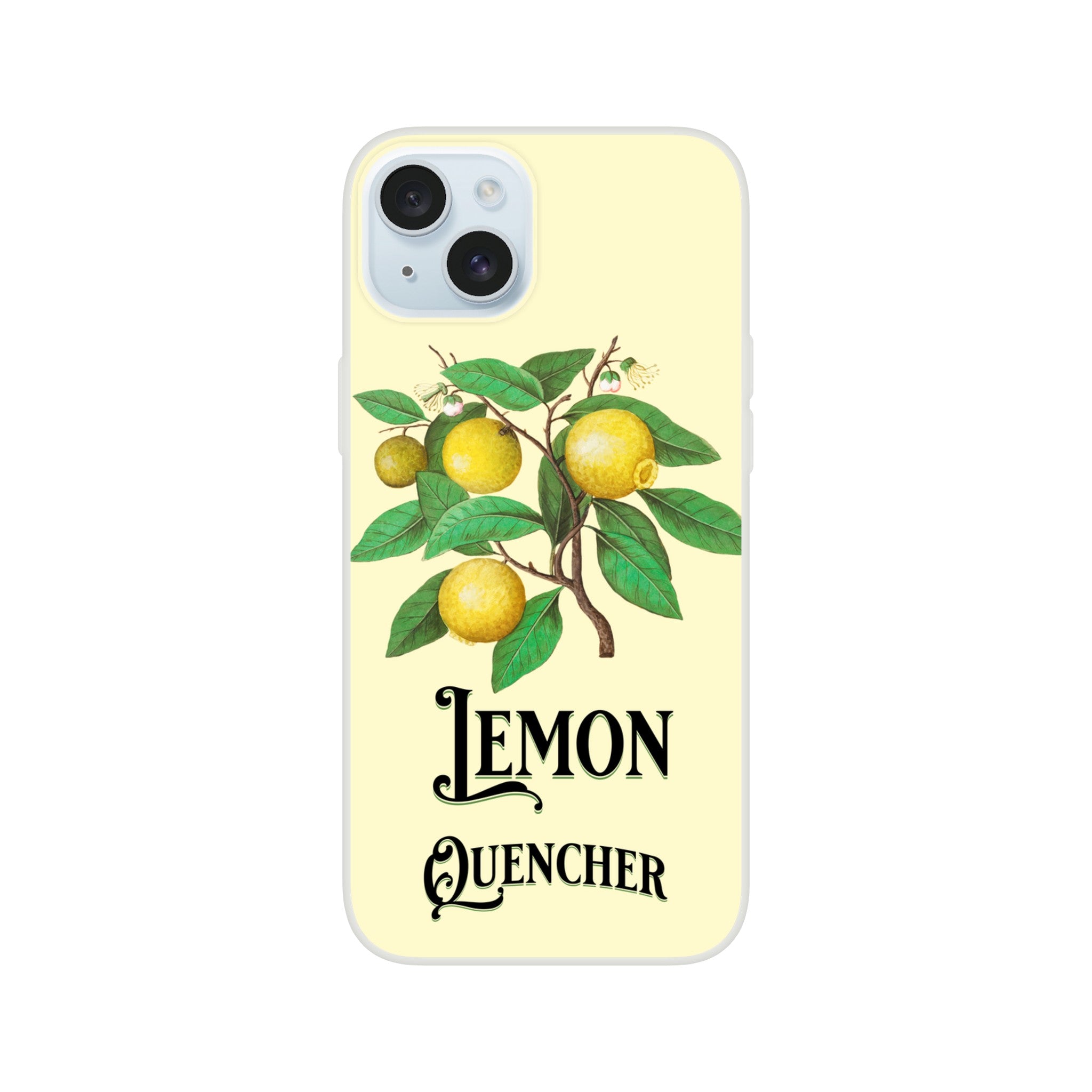 Lemon branch illustration on pale yellow slim iPhone case, compatible with iPhone 16/15/14/13, featuring Lemon Quencher text.