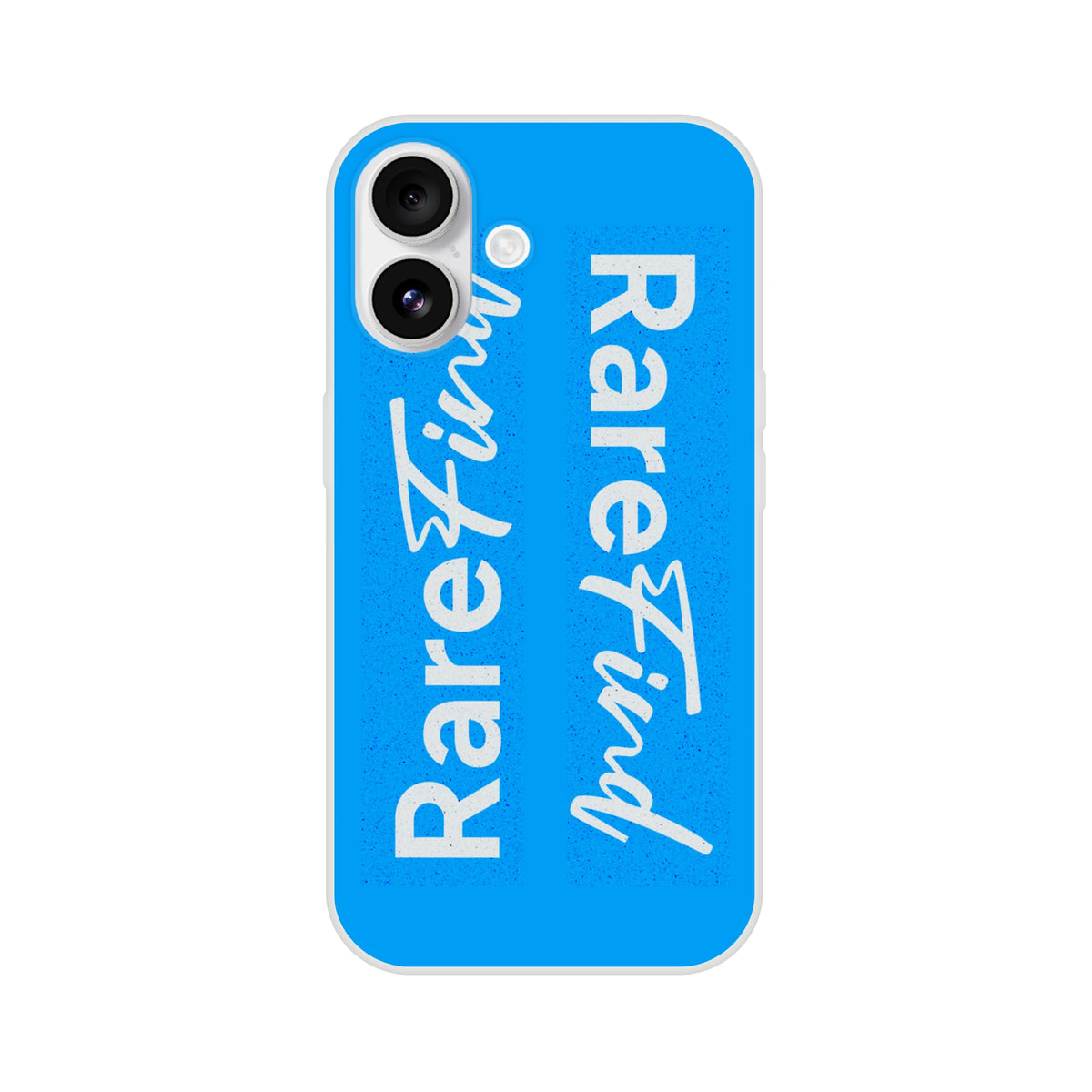 Blue iPhone case for iPhone 13-16 with white 'Rare Find' slogan, matte finish, urban streetwear style.