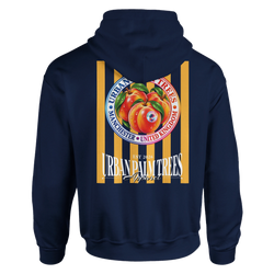 Back of navy hoodie featuring retro striped peach graphic with Urban Palm Trees text and Manchester branding.