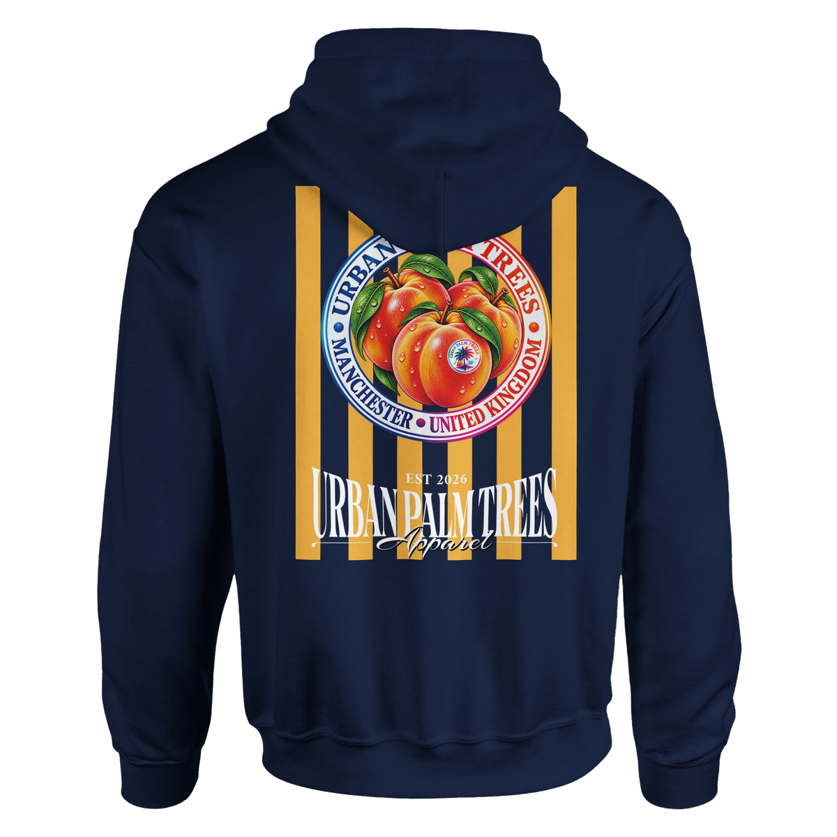 Back of navy hoodie featuring retro striped peach graphic with Urban Palm Trees text and Manchester branding.