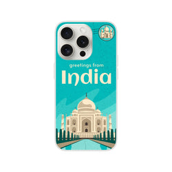 Vintage Postcard iPhone Case (13-16) India Holiday design featuring Taj Mahal on teal distressed background