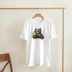 White t-shirt featuring a colorful graphic of a cat DJ with headphones and turntables surrounded by vibrant paint splashes.