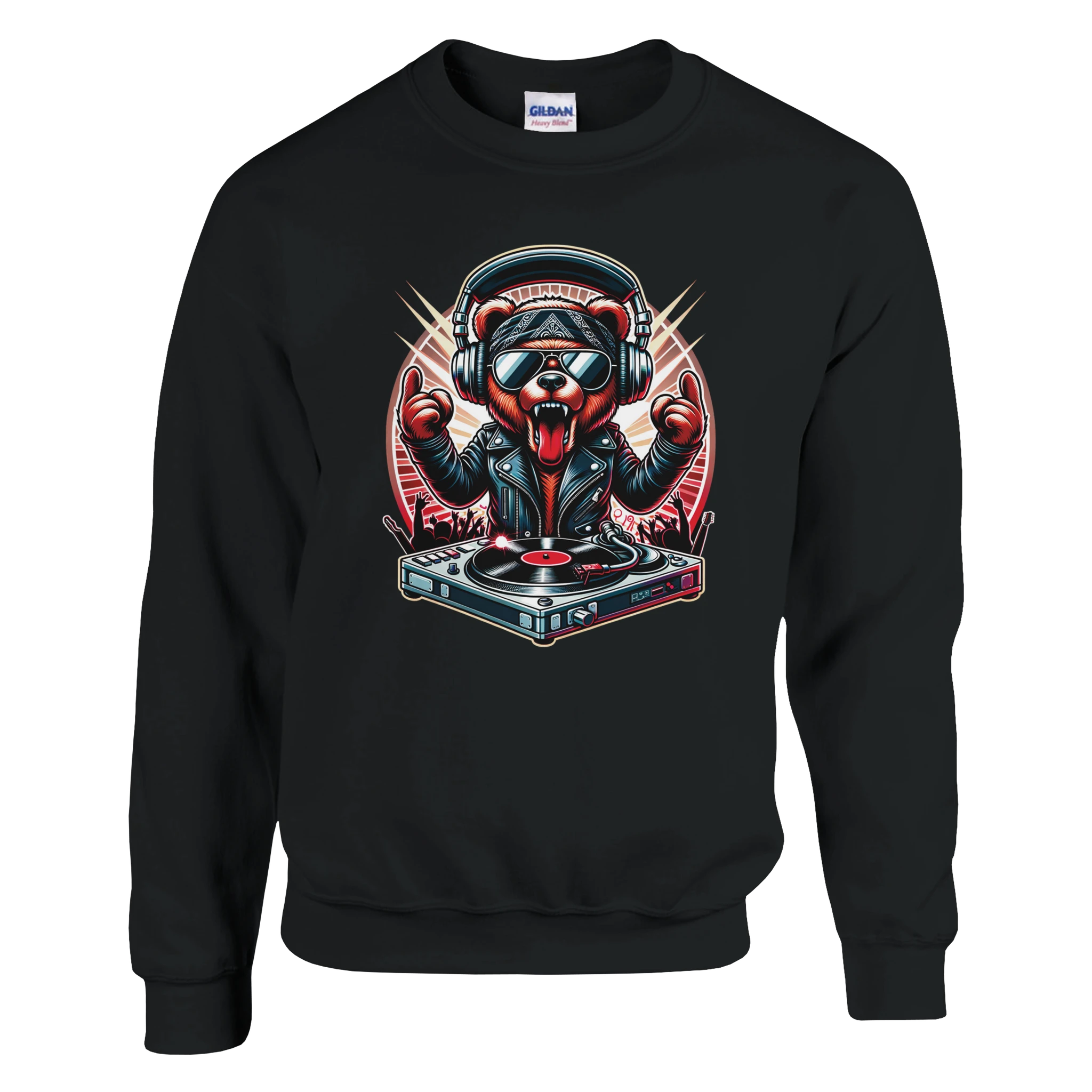 Teddy bear DJ graphic on black heavyweight sweatshirt with headphones, sunglasses, leather jacket, and turntable.