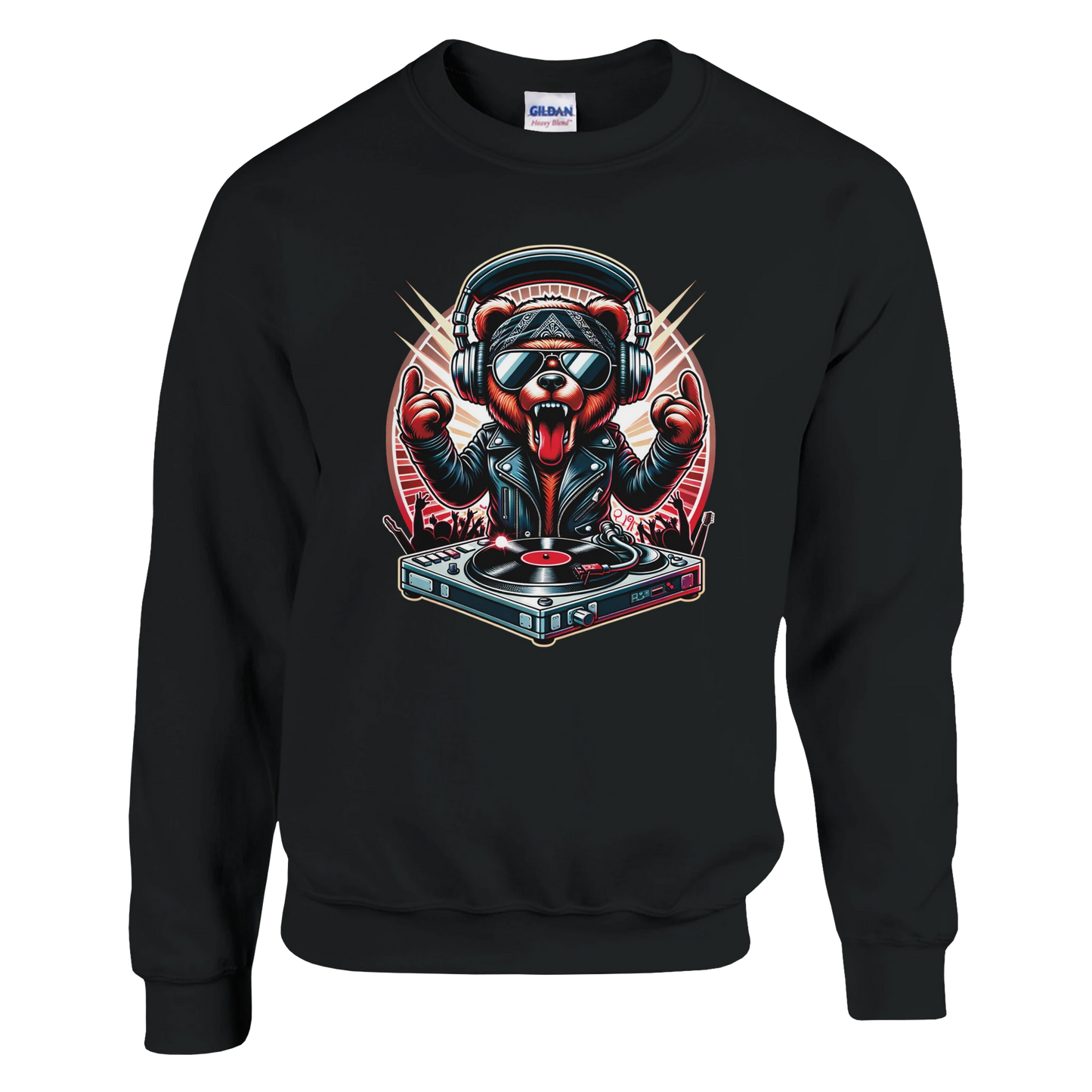 Black men's graphic sweatshirt with a graphic of a bear DJ on a white background