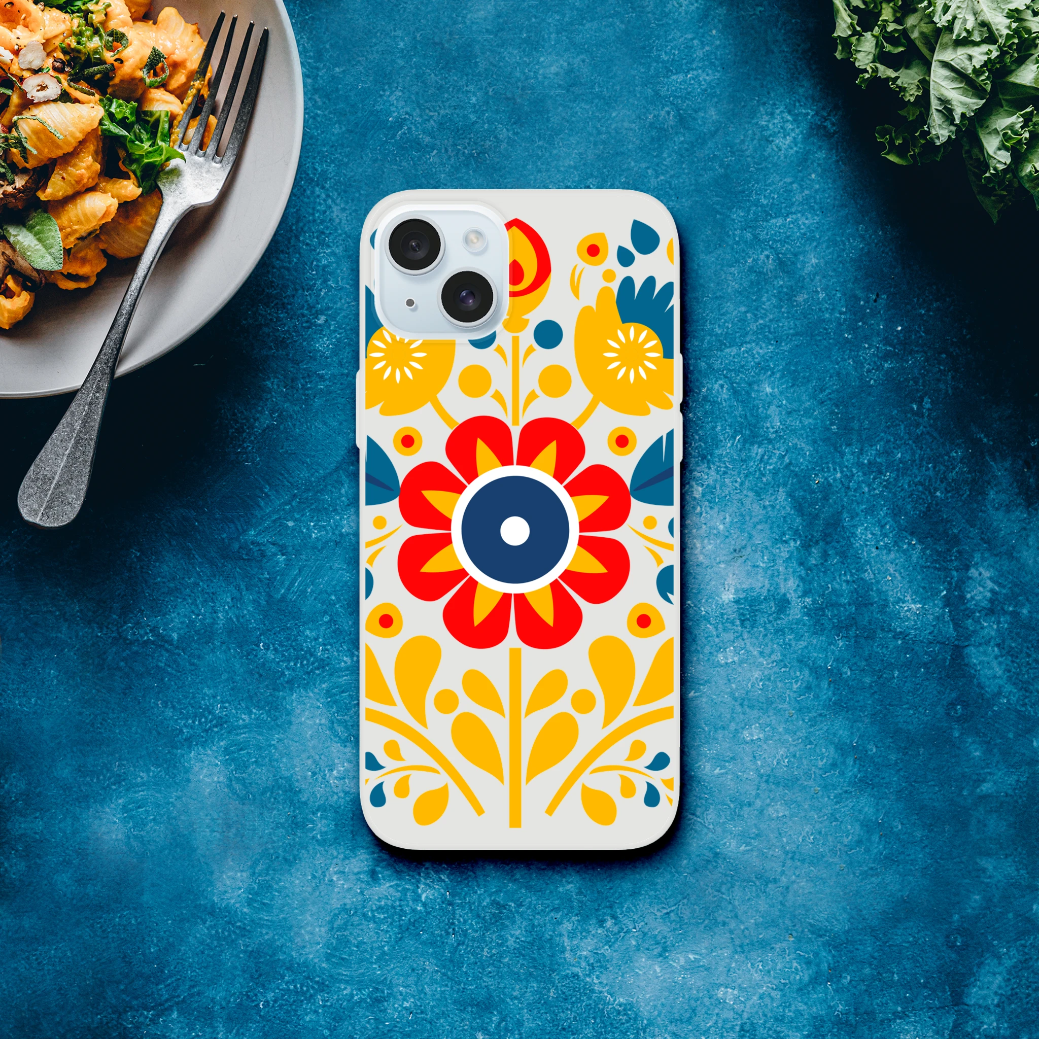 Floral iPhone case protective cover, frosty transparent with bold red, yellow, blue flower design for iPhone 13-16.