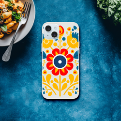 Floral iPhone case protective cover, frosty transparent with bold red, yellow, blue flower design for iPhone 13-16.