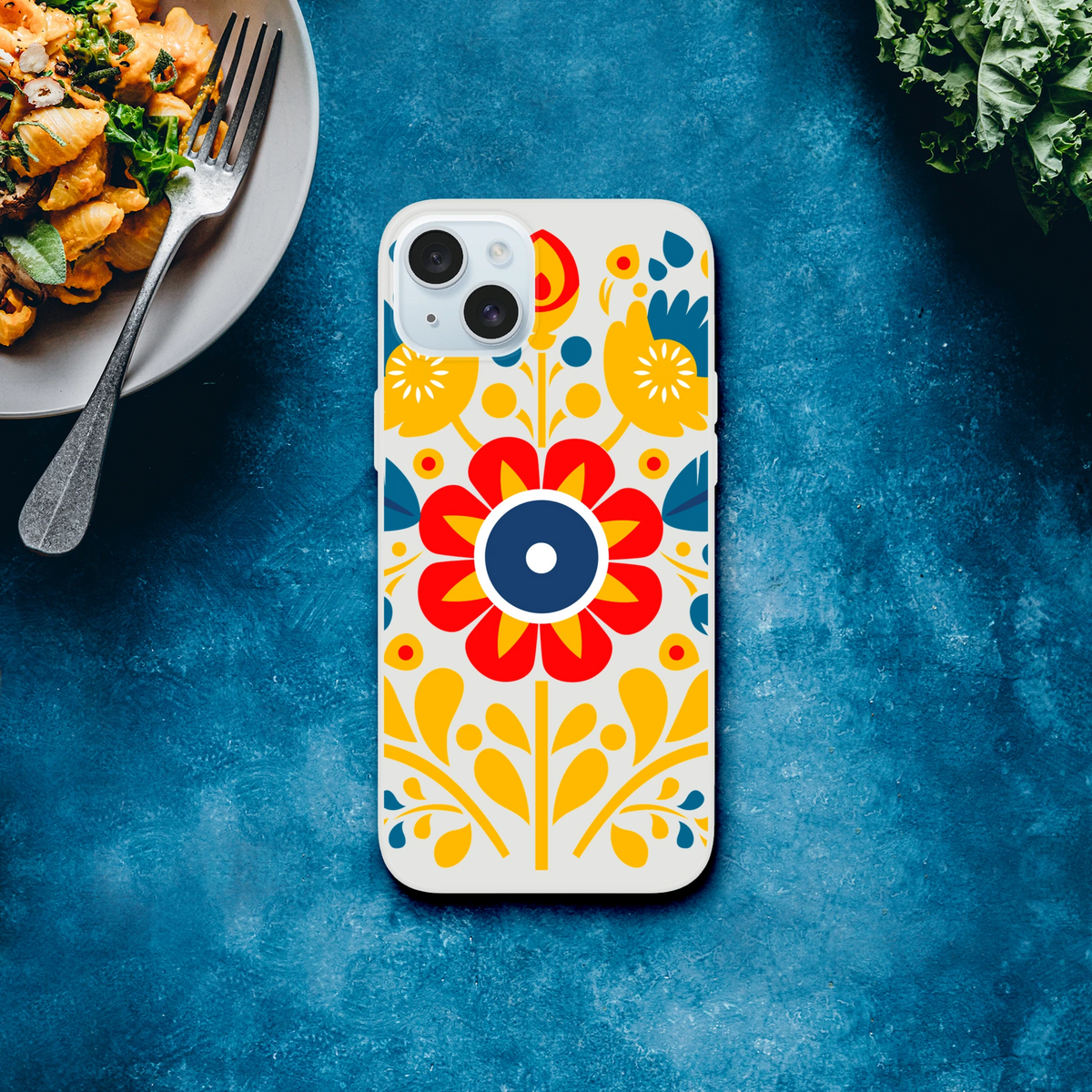 Floral iPhone case protective cover, frosty transparent with bold red, yellow, blue flower design for iPhone 13-16.