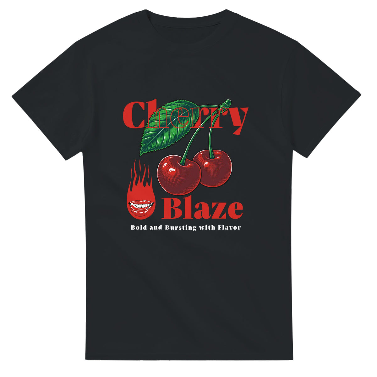 Black t-shirt with Cherry Blaze graphic: two cherries, leaf, flame icon, bold red text Cherry Blaze and white slogan.