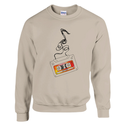 Beige crewneck sweatshirt featuring a vintage cassette tape graphic with unspooling tape and "90s Hits" label for retro music nostalgia.