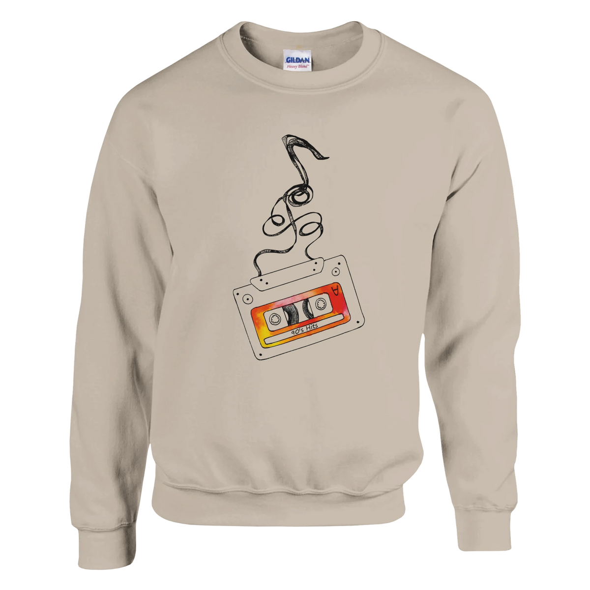 Beige crewneck sweatshirt featuring a vintage cassette tape graphic with unspooling tape and "90s Hits" label for retro music nostalgia.