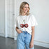Lucky Cherries T Shirt for Women: white cotton-blend graphic tee with cherry 8-ball design, relaxed fit.