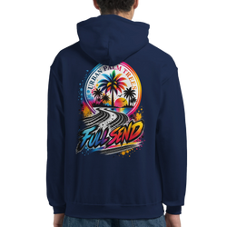 Navy Full Send hoodie back showing colorfulUrban Palm Trees graphic with tire track road and sunset palm tree design for petrolhead car culture.