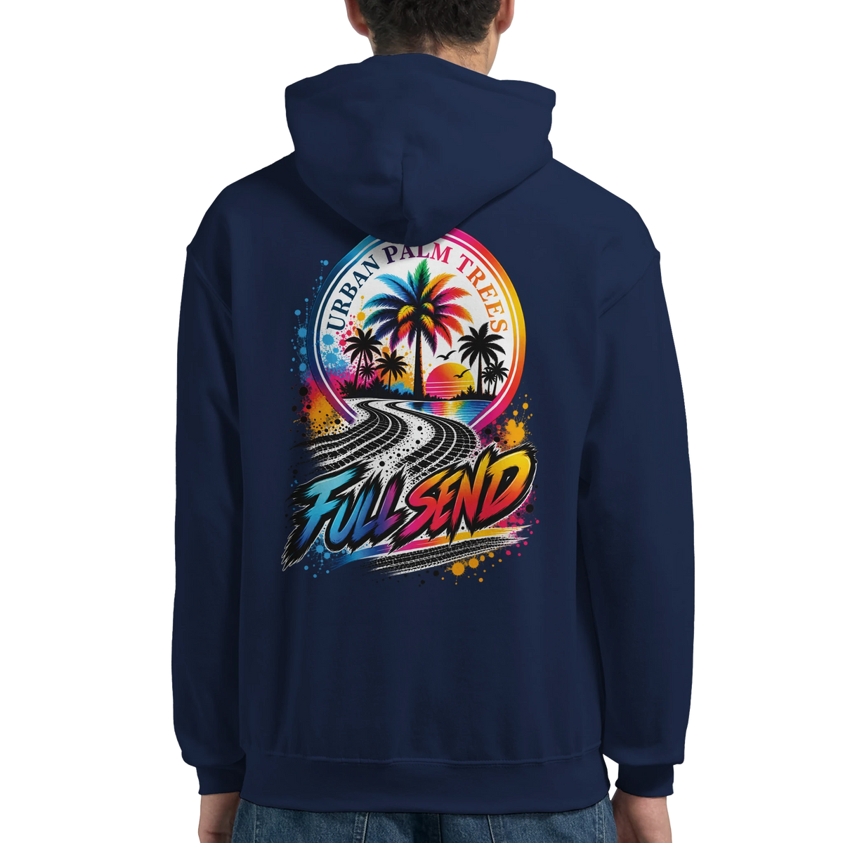 Navy Full Send hoodie back showing colorfulUrban Palm Trees graphic with tire track road and sunset palm tree design for petrolhead car culture.