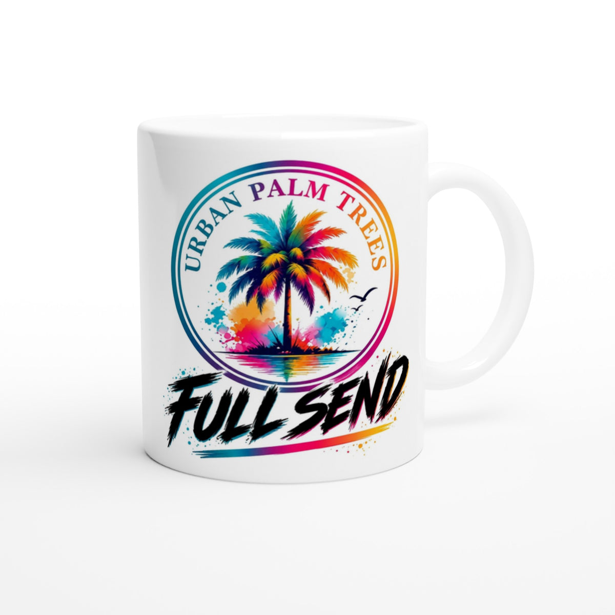 White mug featuring a colorful rainbow palm tree graphic with "Urban Palm Trees" and "Full Send" text.