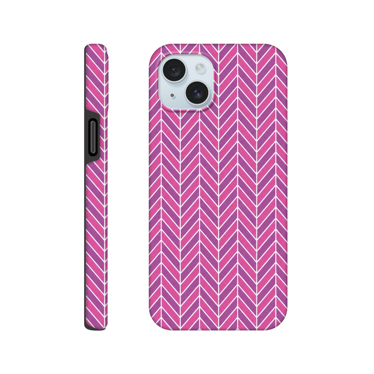 Pink geometric herringbone tough iPhone case with dual-layer frame and shock-absorbing TPU for reliable impact resistance.